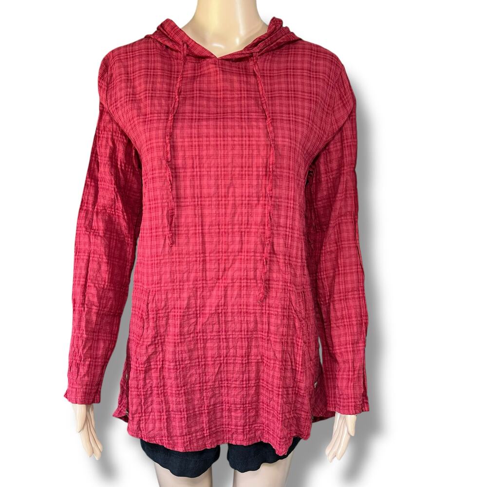 Boutique Womens Hooded Tunic Top Long Sleeve Plaid Lightweight Red Medium